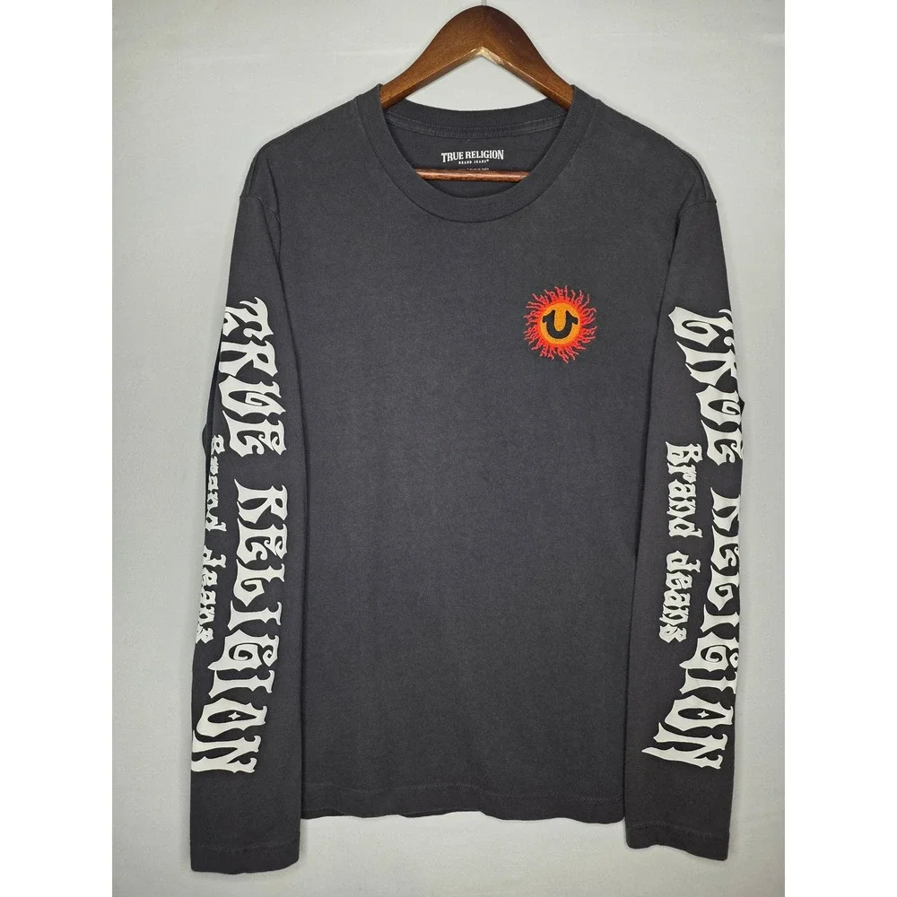 True Religion Long Sleeve T-Shirt Small Blazing Sun Logo‎ Graphic phantom  grey
